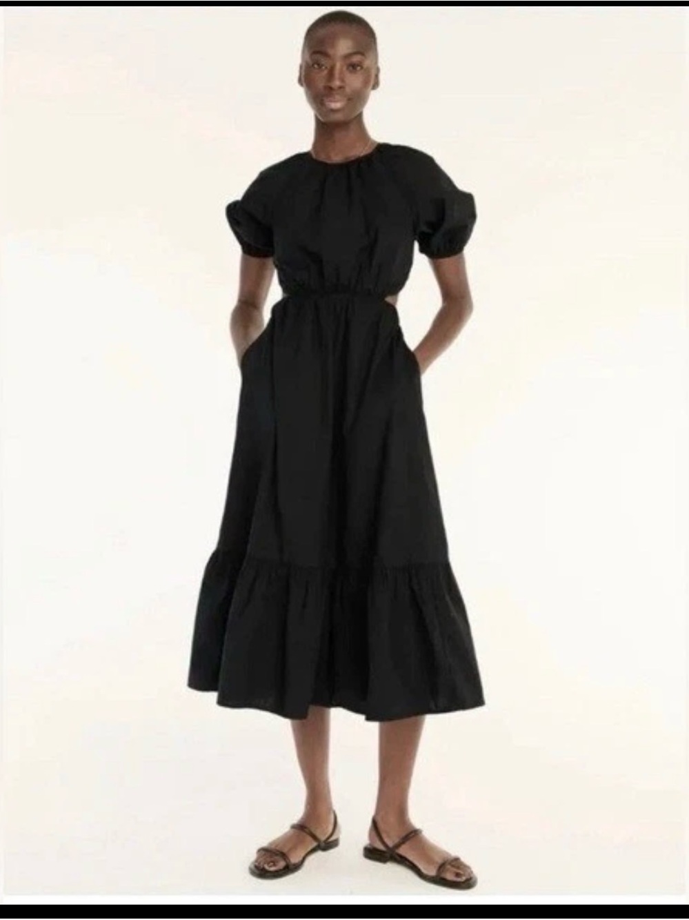 J. Crew Poplin Tiered Midi Dress Black Puff Sleeves, Waist Cutout, Pockets